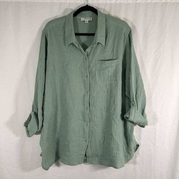 Anne Klein Jeans Blouse Women's XXL Green Button Up Long Sleeve Collared - Picture 2 of 10